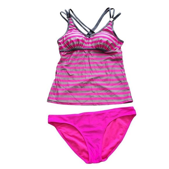 Tankini Bikini Pink Stripe Criss Cross Two Piece Bathing Swim Suit - Picture 2 of 9